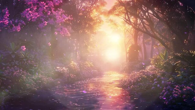 sunset in fantasy forest fantasy background. seamless looping overlay 4k virtual video animation background