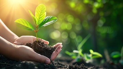 Plant in Hands. Ecology concept. Nature Background. copy space for text.