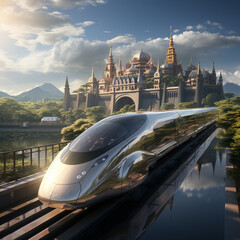 A high-quality, 8K image capturing the futuristic Shinkansen train racing past a majestic castle in...