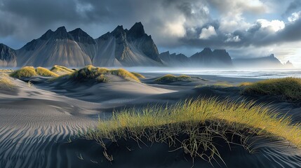 Sand dunes on the Stokksnes on southeastern Icelandic coast with Vestrahorn (Batman Mountain). - obrazy, fototapety, plakaty