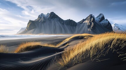 Sand dunes on the Stokksnes on southeastern Icelandic coast with Vestrahorn (Batman Mountain). - obrazy, fototapety, plakaty