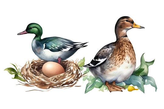 white nest birds background illustration male Hand drawn Watercolor Ducks nesting eggs female isolated