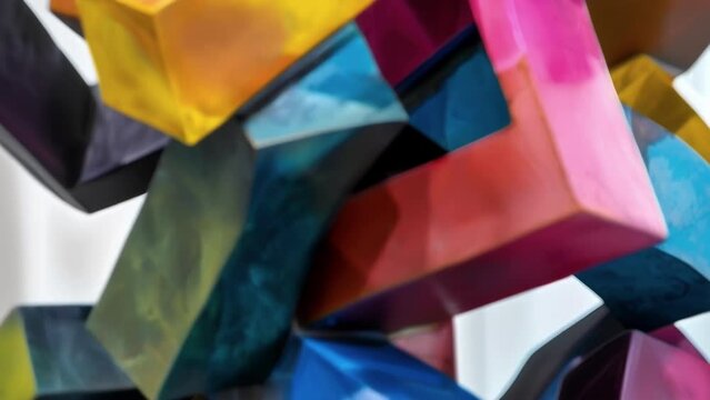 An abstract sculpture made of interlocking shapes in vibrant colors representing the complex relationship between balance and movement. The angular forms jut out at different