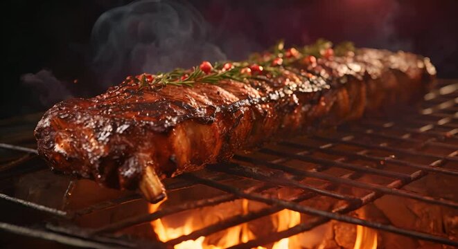 BBQ ribs on a grill, smoky and savory American comfort food