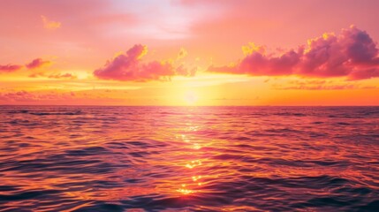 Fototapeta na wymiar Vibrant Orange and Pink Summer Sunset over Ocean Panorama