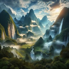 Majestic Mountains Experience the grandeur of majestic mountains shrouded in mist, with cascading waterfalls and lush greenery creating a serene and awe-inspiring atmosphere   - obrazy, fototapety, plakaty