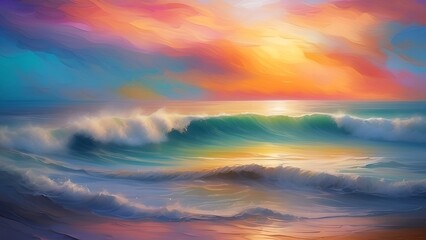 Naklejka na ściany i meble Colorful sky and ocean wave abstract background. Oil painting style.