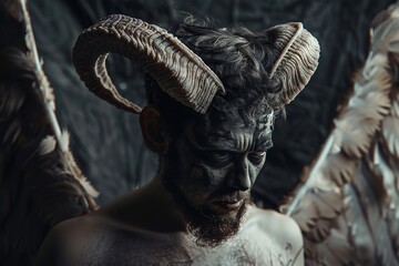 Explore the duality of Satan as a fallen angel in a super realistic depiction - obrazy, fototapety, plakaty