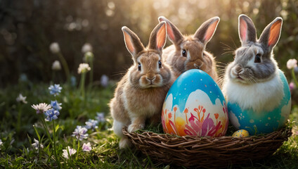Fototapeta na wymiar Three fluffy rabbits, one brown, one white, and one black and white, peek out from a wicker basket filled with colorful Easter eggs in a field of flowers.