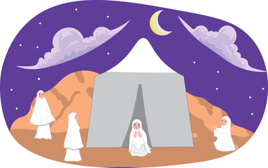Muslim pilgrims praying night in mina