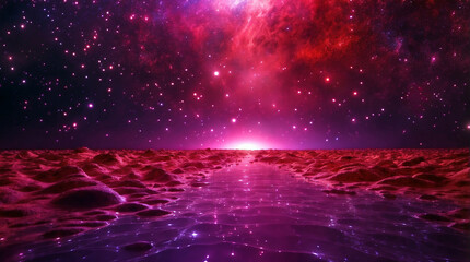 Breathtaking vista unfolds, showcasing a vibrant red and purple night sky filled with countless...
