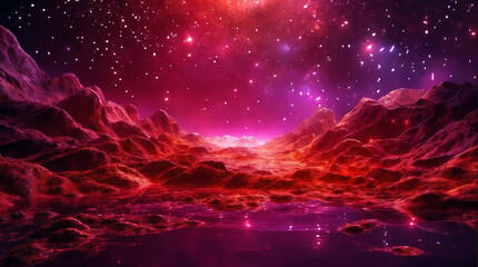 Red and purple landscape bathed in the soft glow of starlight. Rolling hills stretch towards a starry night sky.