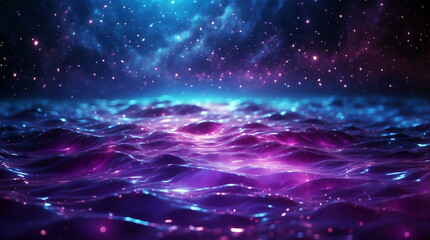 Starry night sky with swirling blue and purple hues.  The waves appear to mimic the movement of the sky in a cosmic ocean.