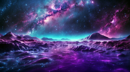Majestic vista unfolds, showcasing a range of snow-capped mountains silhouetted against a vibrant purple and blue nebula background.