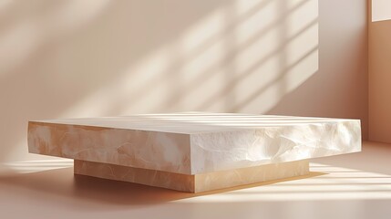 Empty sandstone podium or platform pedestal with beige background, mock up for product display scene, advertising poster and background