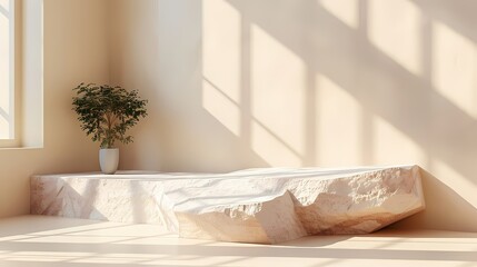 Empty sandstone podium or platform pedestal with beige background, mock up for product display scene, advertising poster and background