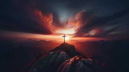 Holy Saturday scene with a cross atop a mountain, silhouetted against the evening sky, evoking reflection and anticipation