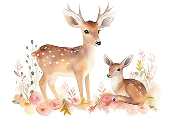 deer nursery funny Fawn young animal bembi baby Watercolor Mom baby illustration decor mother little Forest deer watercolour cartoon baby