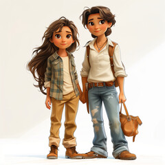 Perfect animated characters to illustrate love, family and affection, happy woman with teenage daughter in casual clothes, mother and girl holding hands, with neutral background in gray color