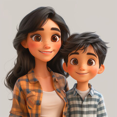 3d animated illustration of happy, hugging and cheerful mother and son in blue and yellow casual clothes, pretty woman in long calello and happy child with brown eyes, gray neutral background