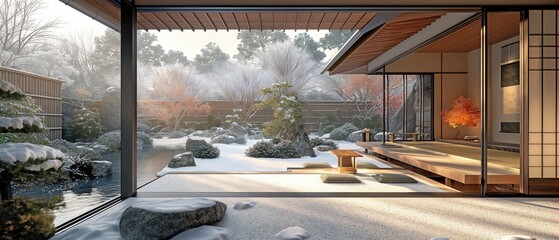 A conventional, classic, modern Japanese home with a Japanese garden during the winter, known as an onsen ryokan