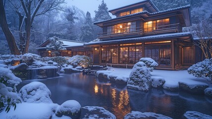 A conventional, classic, modern Japanese home with a Japanese garden during the winter, known as an onsen ryokan