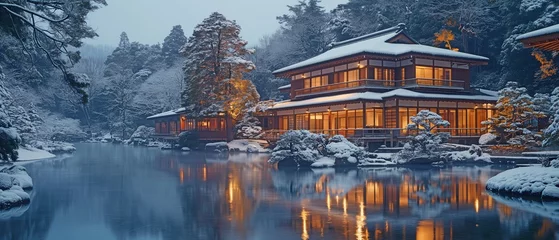 Deurstickers A conventional, classic, modern Japanese home with a Japanese garden during the winter, known as an onsen ryokan © tongpatong