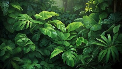 Tropical green leaves. Lush jungle background