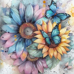 Pastel Sunflower & Butterflies