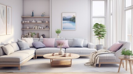 Fototapeta na wymiar Interior composition of modern sophisticated living room inspired with trending palette 