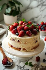 Cake with strawberries and cream, kitchen background, fruits, fresh, homemade, mint, berries, delicious, menu, ads, social media posts, recipe