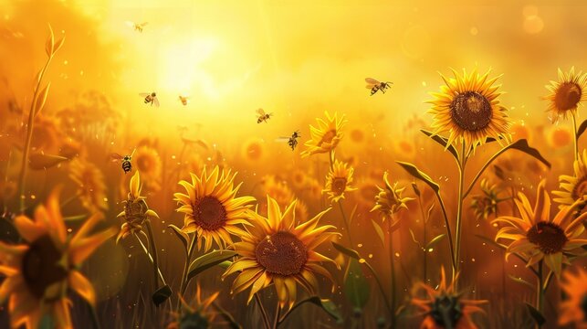 Golden Hour Sunflower Field with Bees Stock Photo