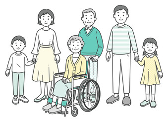 三世代の家族が集合した全身イラスト