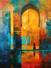 abstract oil painting with an Islamic theme, featuring vivid colors, perfect for wall art