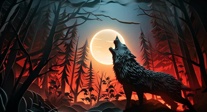 Paper cut wolf howling, twilight forest setting, dramatic lighting