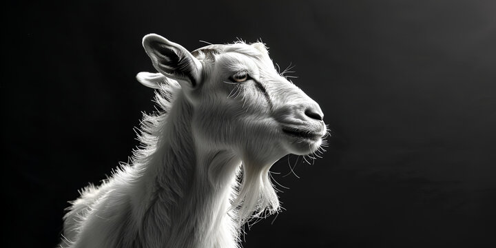 Beautiful White Goat FaceIn The Dark Background, Gorgeous goat