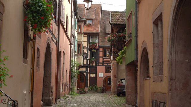 Riquewihr town is surrounded by its medieval fortifications and is overlooked by a castle from the same period that is today a museum