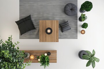 Fototapeta premium 3D Render top down view of a serene meditation space with cushions, yoga mat, candles, and plants, on isolated white background, Generative AI