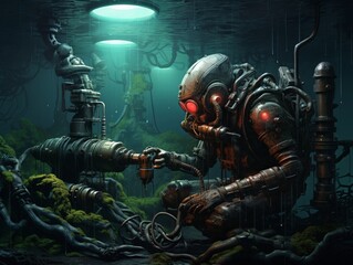 Fototapeta premium A robot meticulously repairs an oil pipe under the sea its lights piercing the murky depths