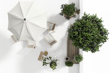 3D Render top down view of a serene outdoor patio with dining table, chairs, umbrella, and potted plants, on isolated white background, Generative AI