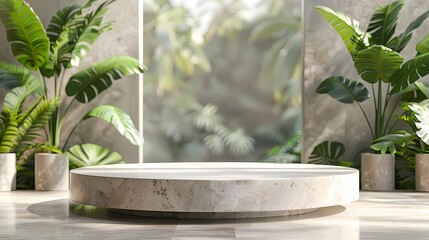 Cosmetics product advertising empty podium stand with foliage plant  background. Empty natural stone pedestal platform to display beauty product. 