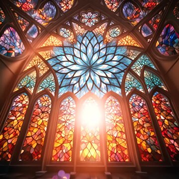 Stained glass window patterns casting colorful light, intricate and radiant.
