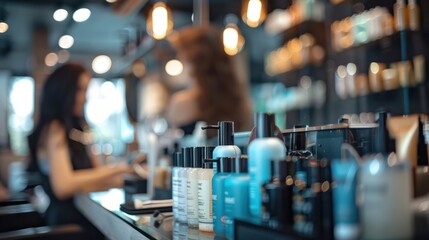 A backdrop of a modern beauty salon with a blurred effect, highlighting both customers and beauty care products. - obrazy, fototapety, plakaty