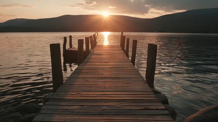 Serene Sunset Over Mountain Lake Wooden Dock.