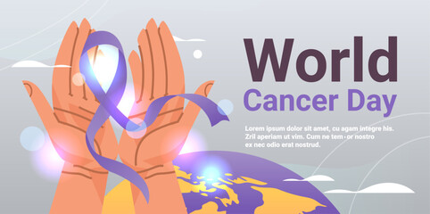 human hands holding purple ribbon world cancer day breast disease awareness prevention poster 4 february