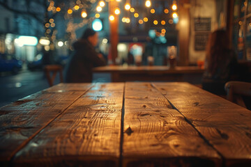Rustic wooden empty table up close, the interior of a vintage restaurant or coffee shop on a blurred background...
