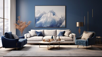 Interior design of modern trendy living room with elegant color palette  - obrazy, fototapety, plakaty