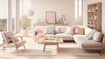 Interior design of modern trendy living room with elegant color palette 