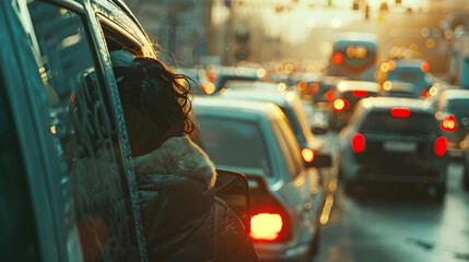 A person stuck in traffic, feeling frustrated and impatient. A person watched the traffic jam out the car window.