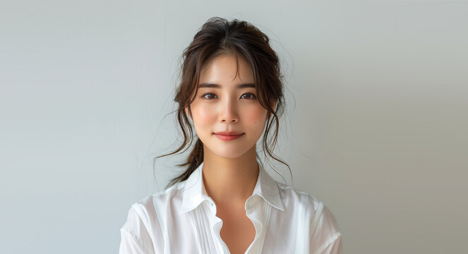 human face expression a potrait of a Korean Japanese Asian young woman wearing white shirt smiling in front of the camera on grey background AI Generate 